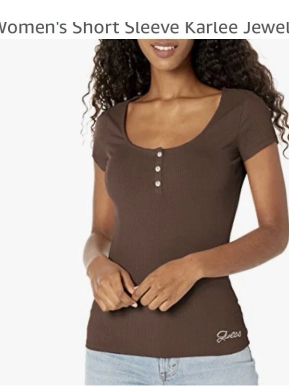 GUESS Brown Ribbed Scoop-Neck Short Sleeve Henley Top - Picture 2 of 8